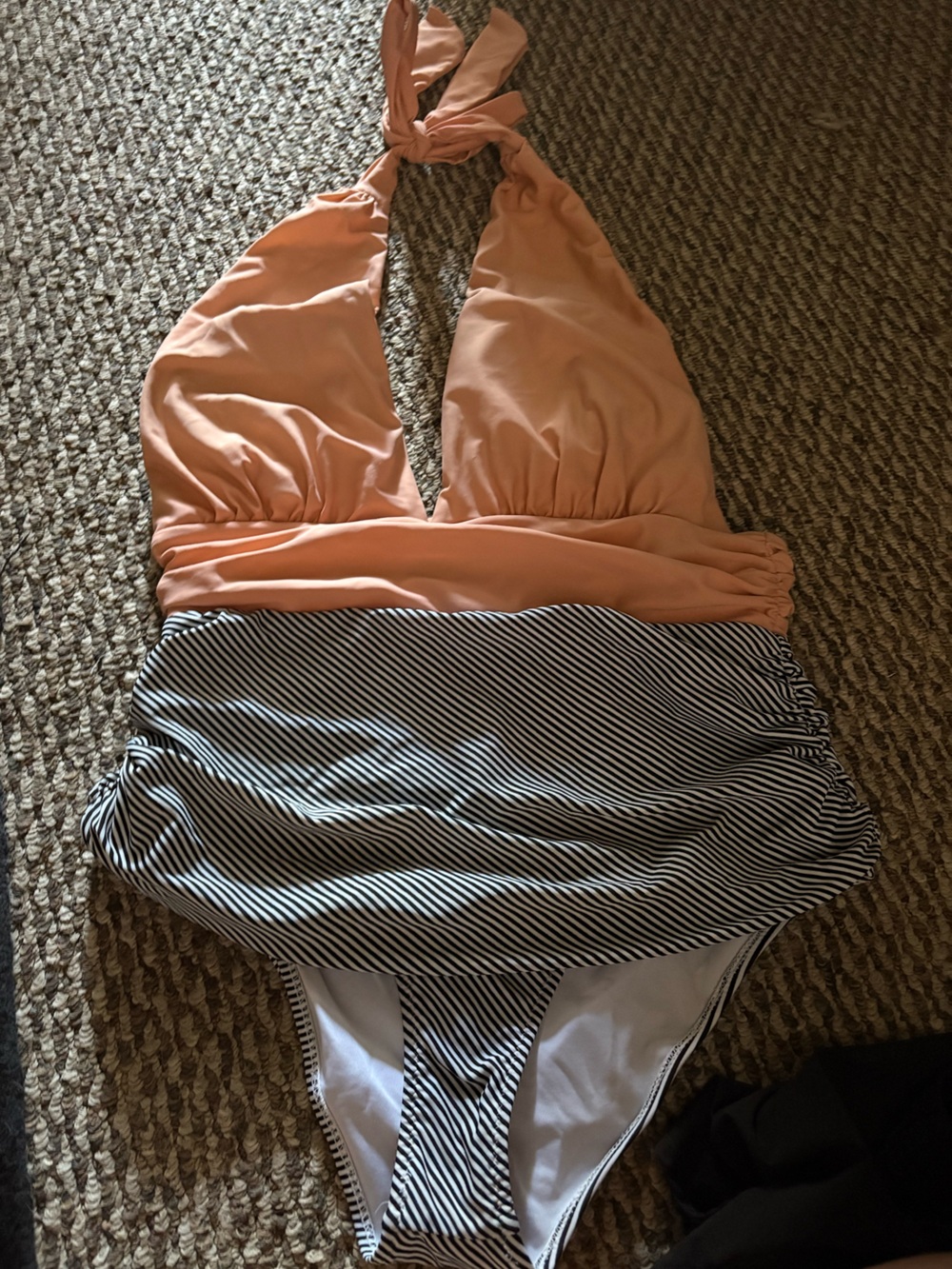 Peach Halter One-Piece Swimsuit with Black & White Striped Skirt